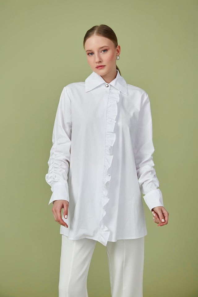 Beyaz Fırfır Detaylı Poplin Tunik