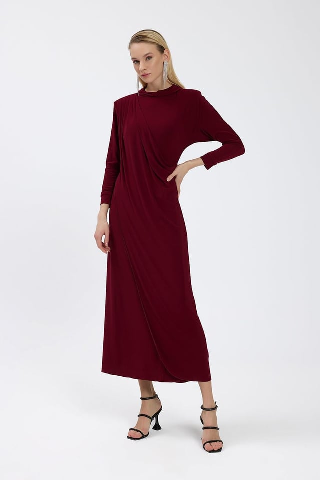 Bordo Drape Detaylı Elbise