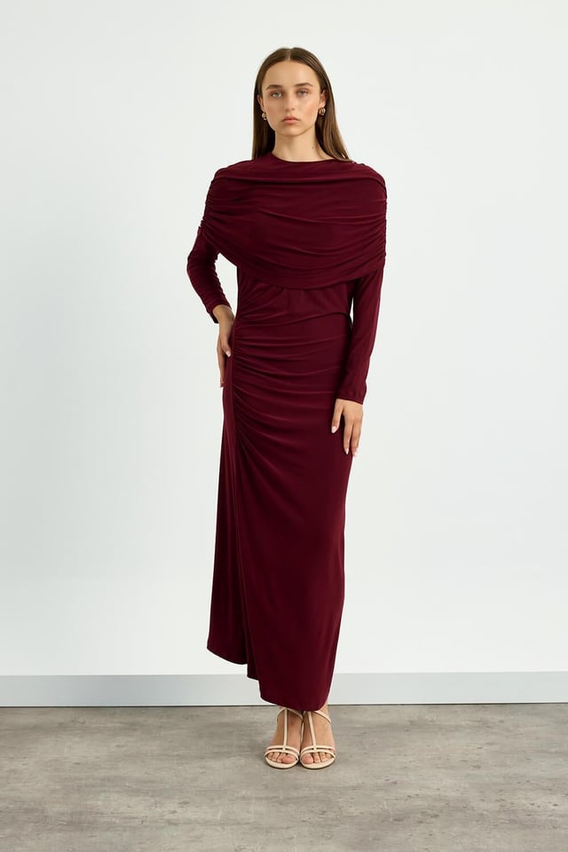 Bordo Omuz Detaylı Drape Elbise