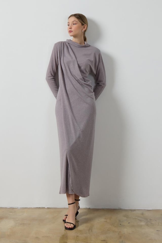 Gri Simli Drape Elbise
