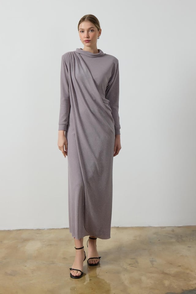 Gri Simli Drape Elbise