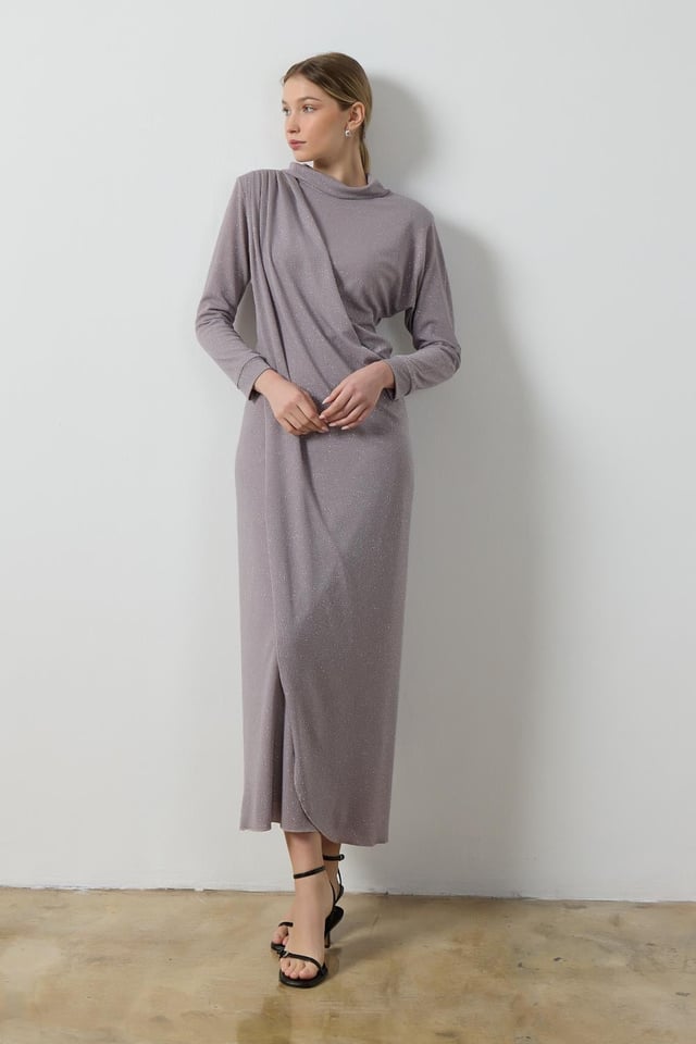 Gri Simli Drape Elbise