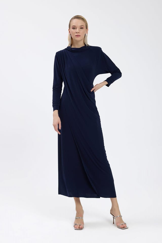 Lacivert Drape Detaylı Elbise