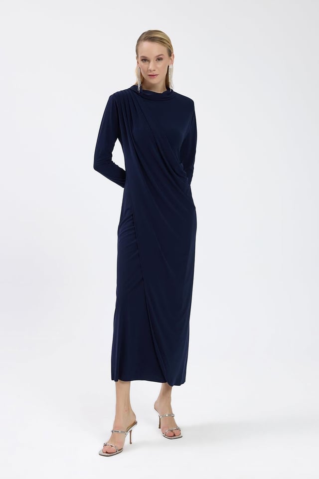 Lacivert Drape Detaylı Elbise