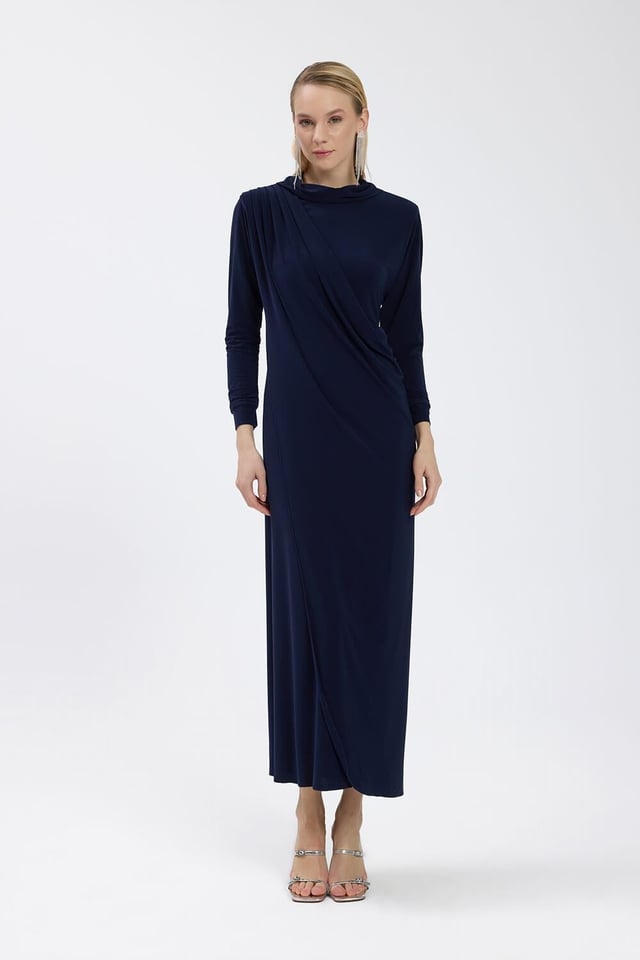 Lacivert Drape Detaylı Elbise