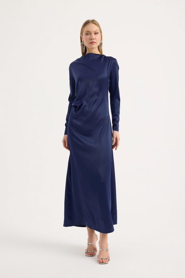 Lacivert Saten Drape Elbise