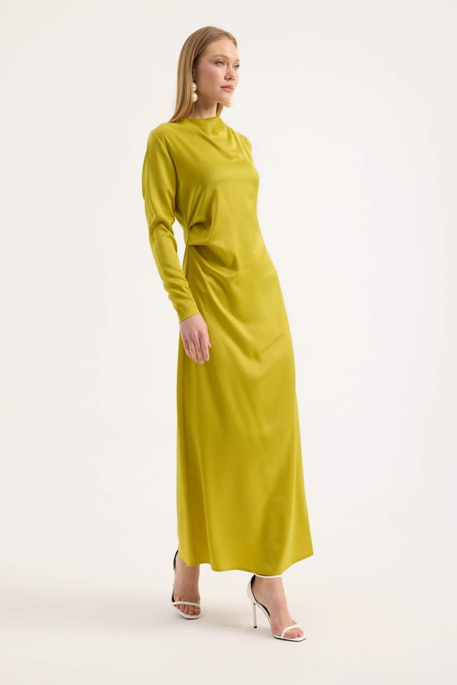 Yağ Yeşili Saten Drape Elbise