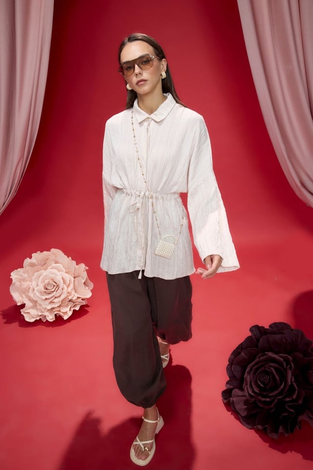 Bej Aveline Tünel Detaylı Çizgili Gömlek