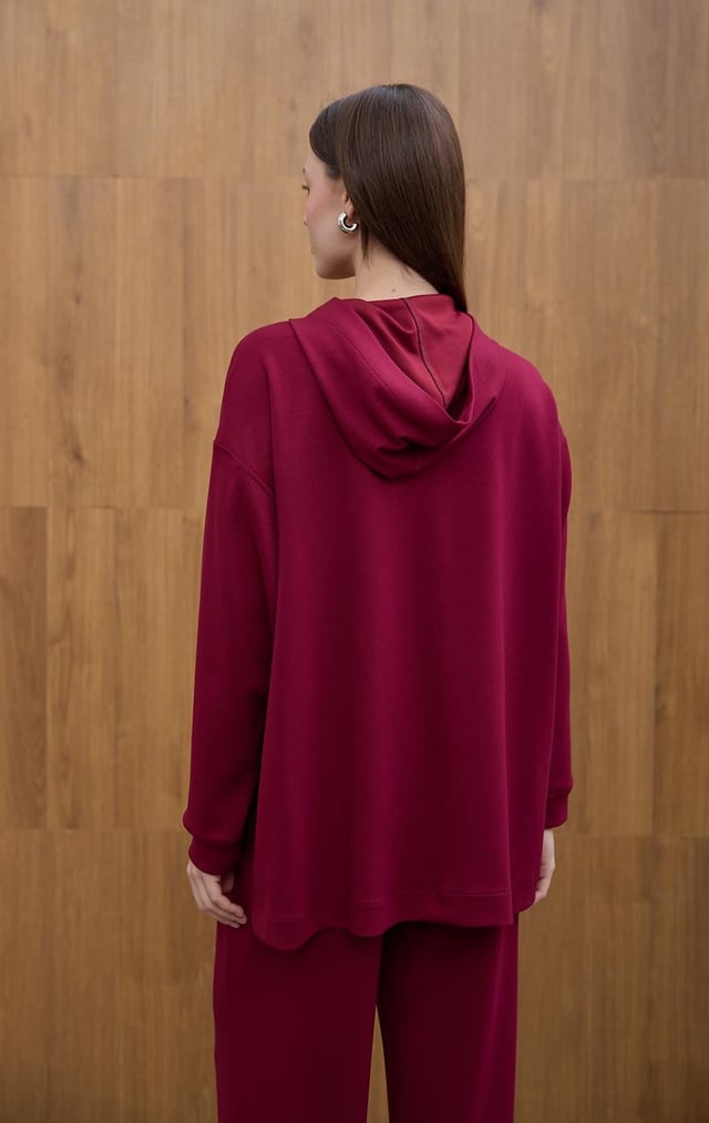 Bordo Cosy Kapüşon Detaylı Hırka