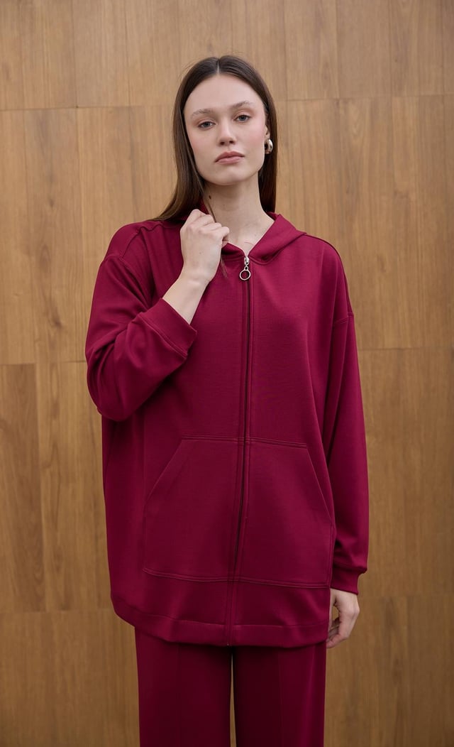 Bordo Cosy Kapüşon Detaylı Hırka