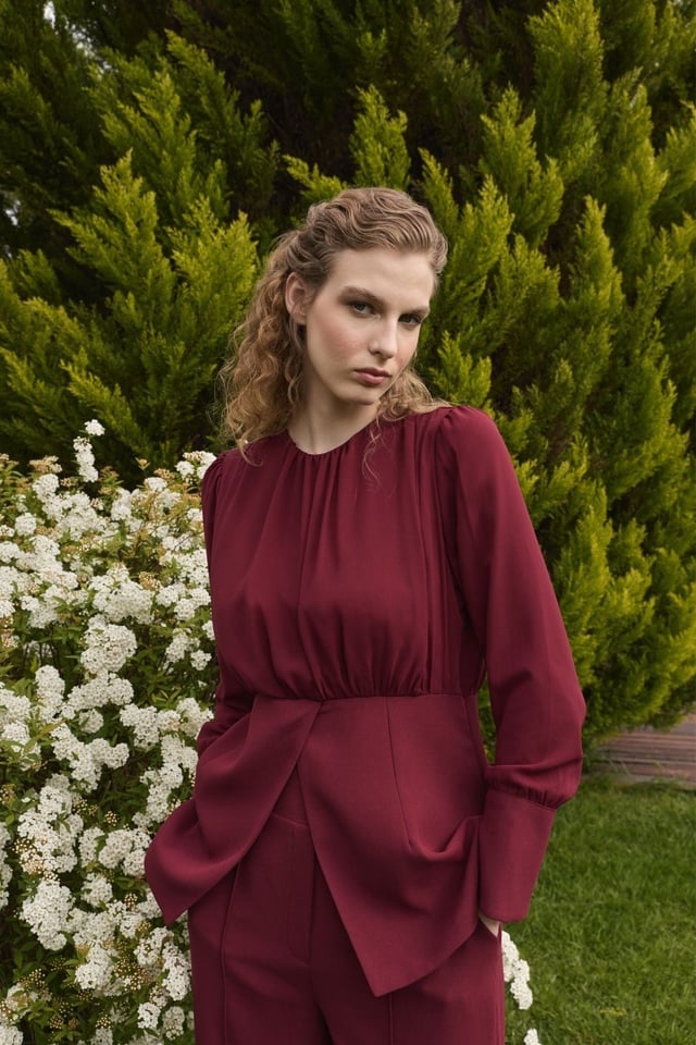 Bordo Lanthe Şifon Detaylı Pantolon Takım