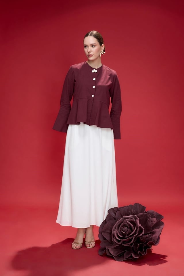 Bordo Petal Volan Detaylı Keten Ceket