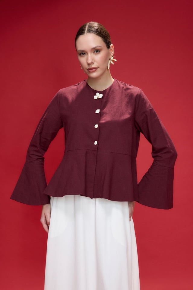 Bordo Petal Volan Detaylı Keten Ceket
