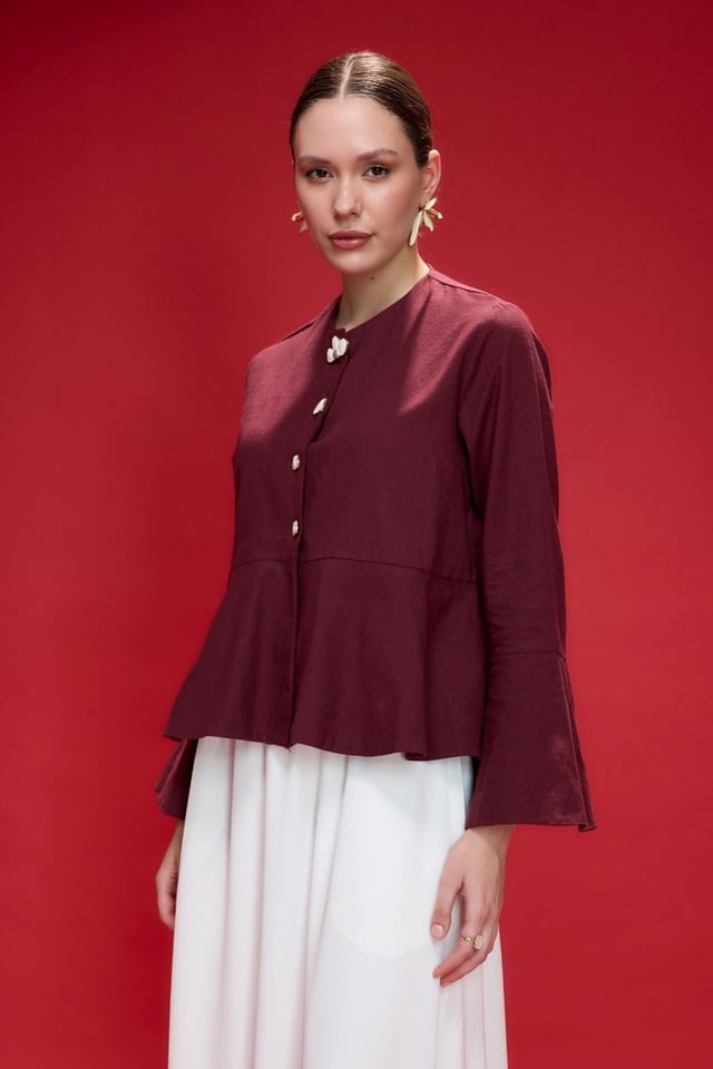 Bordo Petal Volan Detaylı Keten Ceket