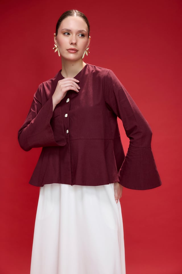 Bordo Petal Volan Detaylı Keten Ceket