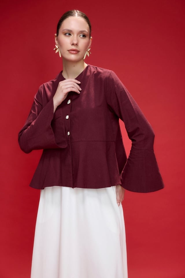 Bordo Petal Volan Detaylı Keten Ceket
