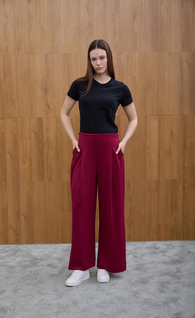 Bordo Pile Detaylı Rahat Kesim Pantolon