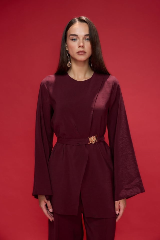 Bordo Rubus Gül Kemer Detaylı Pantolon Takım