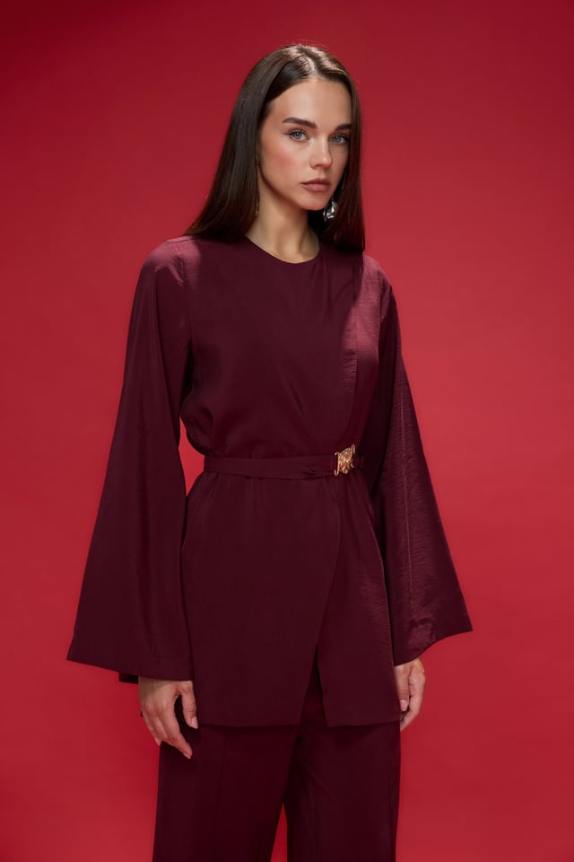 Bordo Rubus Gül Kemer Detaylı Pantolon Takım