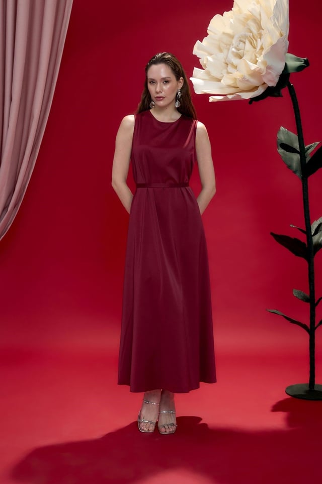 Bordo Saten Kolsuz İç Elbise