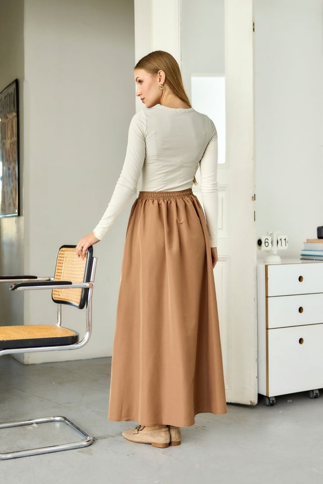 Camel Lua Beli Lastikli Poplin Etek
