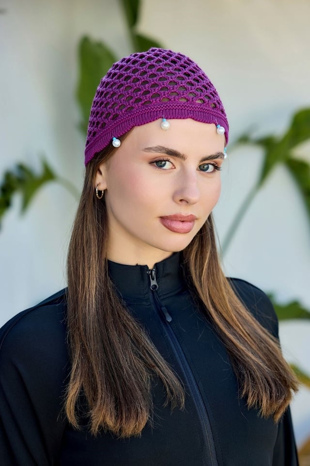 Eflatun İnci İşlemeli File Örgü Bere Bandana