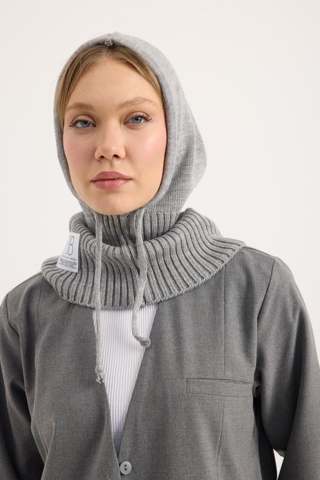 Gri Yarı Fitilli Balaclava Triko Bere