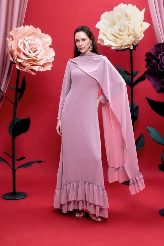 Gül Kurusu Amara Şifon Şal Detaylı Abiye