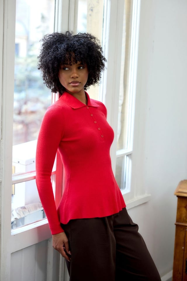 Kırmızı Polo Yaka Peplumlu Triko Kazak