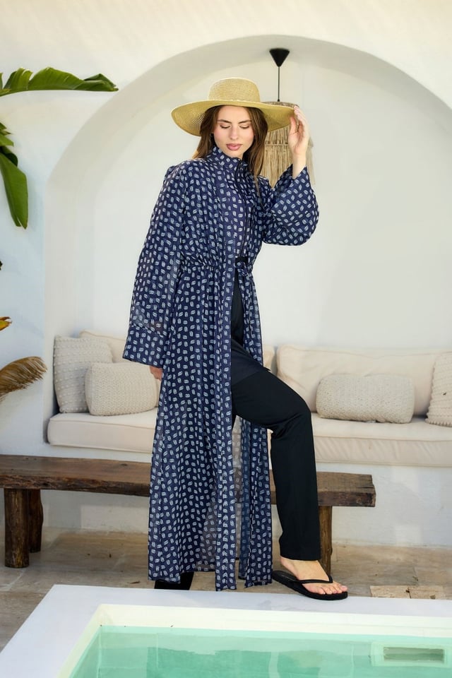 Lacivert-Mavi Monogram Desenli Pareo Kimono