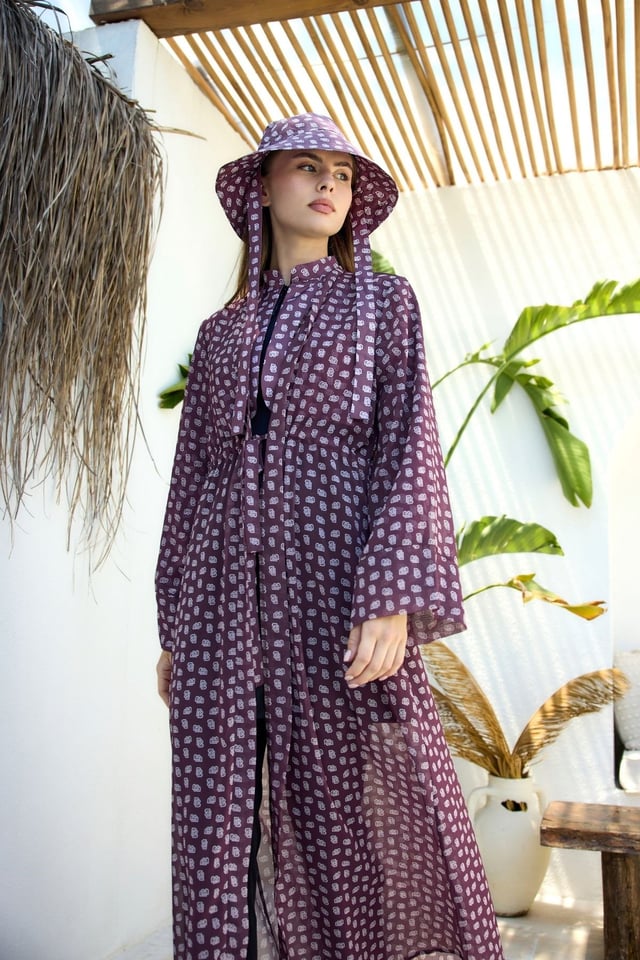 Mürdüm-Pembe Monogram Desenli Pareo Kimono