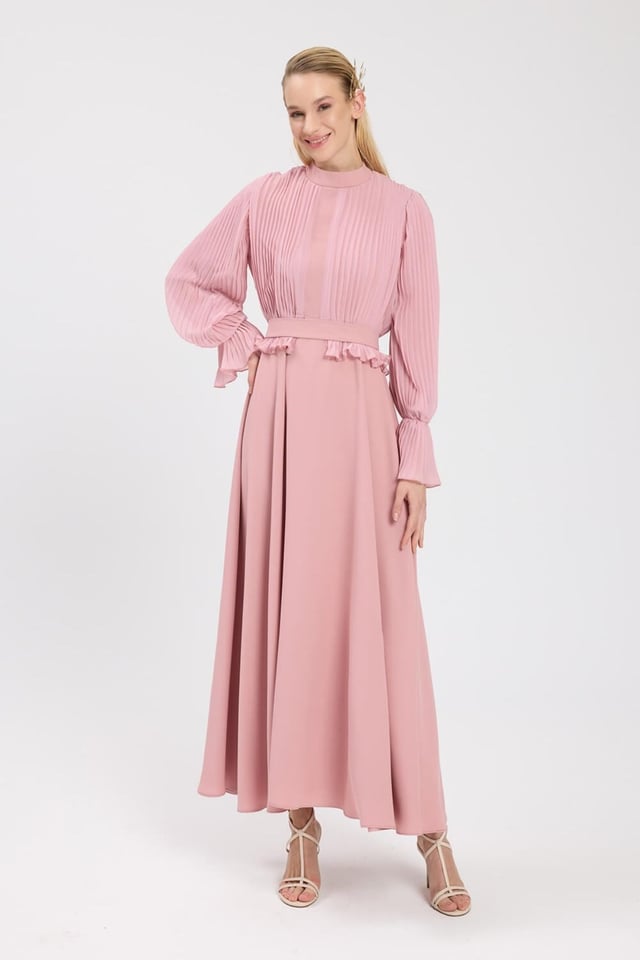 Pembe Bedeni Piliseli Krep Şifon Elbise