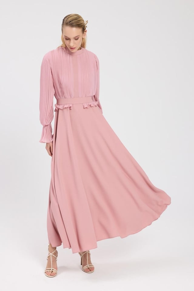 Pembe Bedeni Piliseli Krep Şifon Elbise