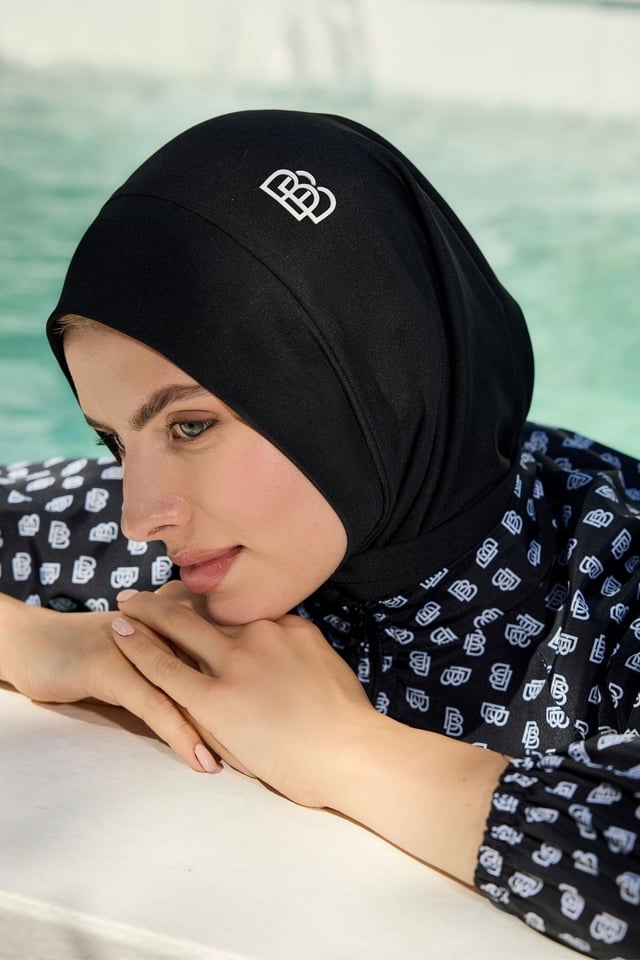 Siyah-Beyaz Monogram Desenli 5li Tesettür Mayo Takımı