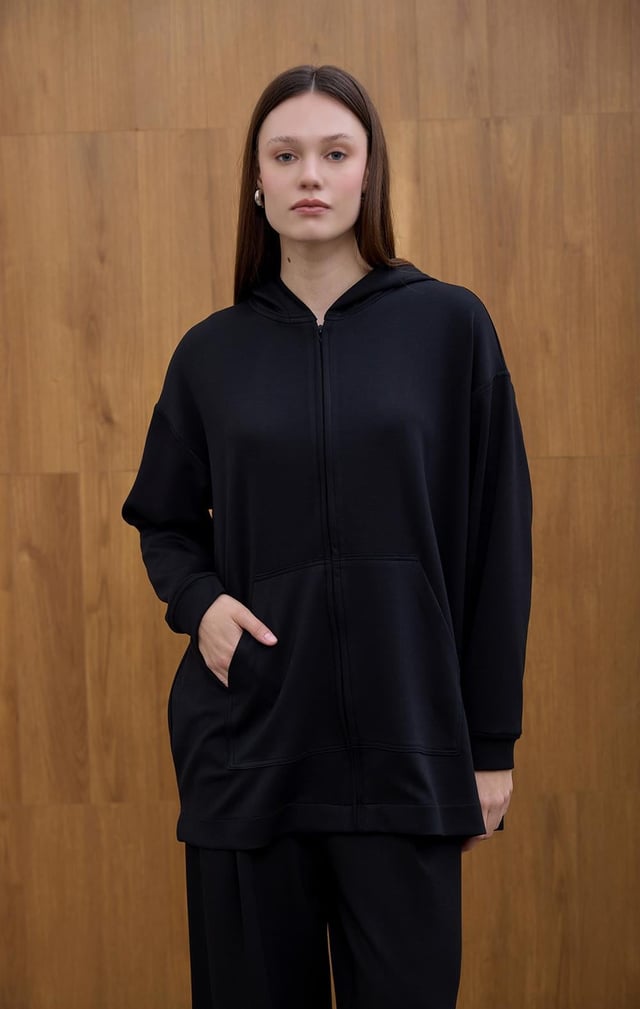 Siyah Cosy Kapüşon Detaylı Hırka
