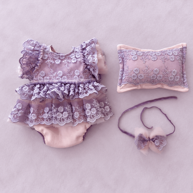 Pink & Lilac Newborn Girl Romper Set – Lace Baby Photoshoot Outfit – Layered Tulle Romper – Luxury Newborn Photography Outfit