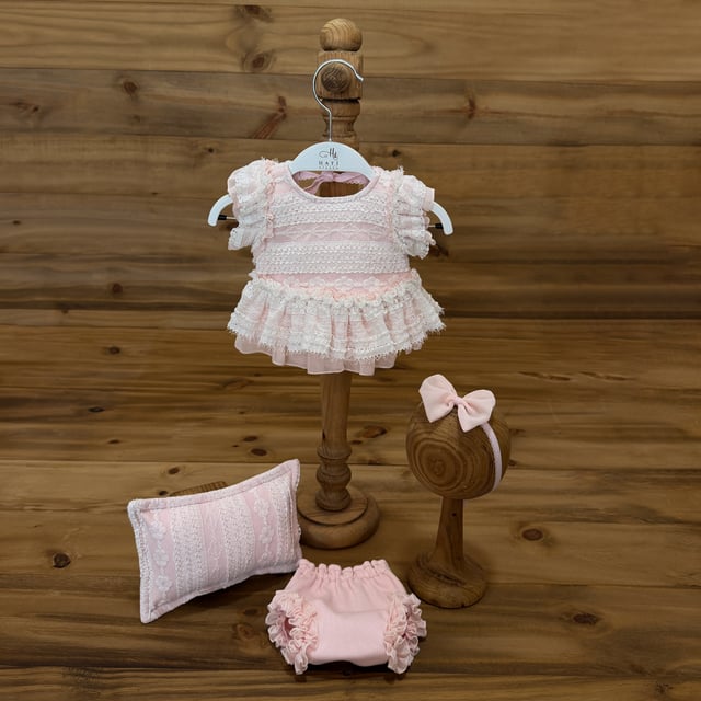 Toz Pembe Yenidoğan Fotoğraf Çekim Elbise Seti | Dantelli Kız Bebek Fotoğraf Kıyafeti