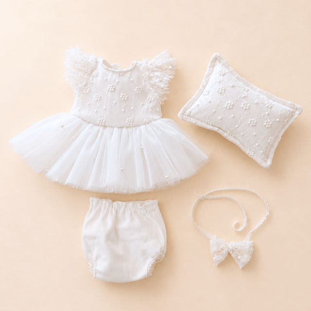Beyaz Yenidoğan Fotoğraf Çekim Elbise Seti | White Newborn Girl Photography Outfit