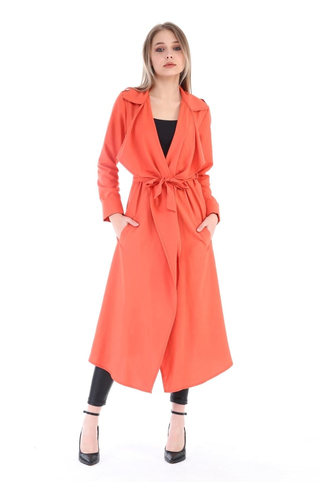 Long Claret Coral Womens Jacket with Epaulettes, Slits on the Sides and a Belt