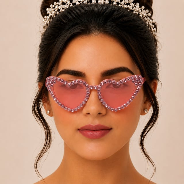 Pembe Kristal Taşlı Kalp Tasarım Gelin Gözlüğü