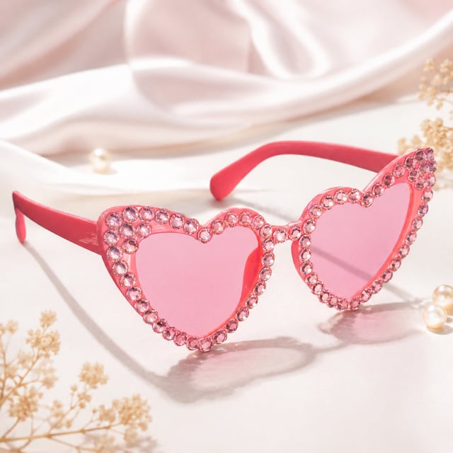 Pembe Kristal Taşlı Kalp Tasarım Gelin Gözlüğü