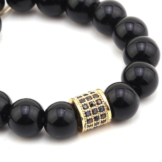 Siyah Zirkon Taşlı Silindir Metal Gold Boncuk