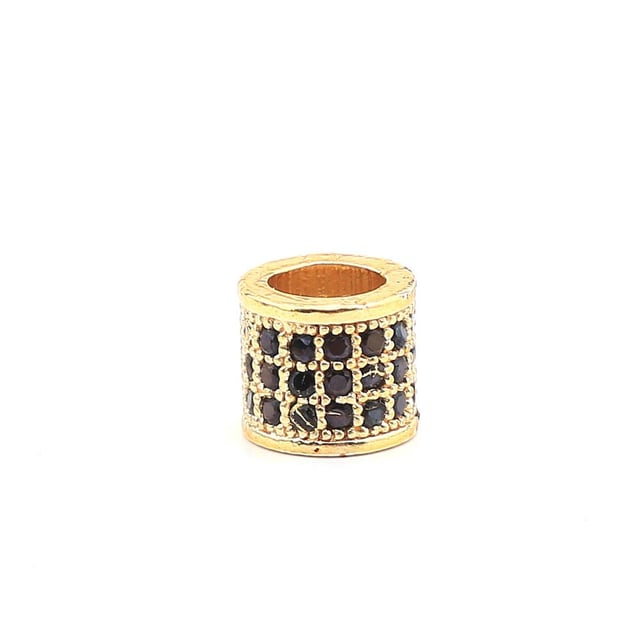Siyah Zirkon Taşlı Silindir Metal Gold Boncuk