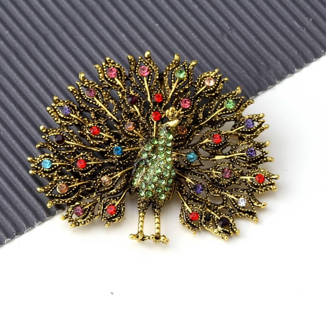 Taşlı Gold Tavus Kuşu Broş
