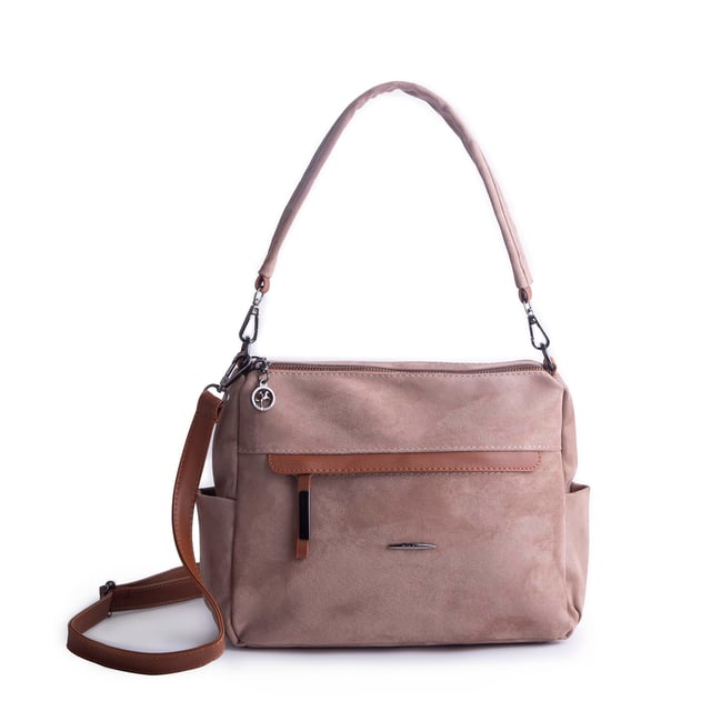 Nas Bag Çok Gözlü Yumuşak ve Hafif Yapılı Çift Askılı Omuz ve Çapraz Çanta Vizon Taba  Süet  ( 30x24 cm )