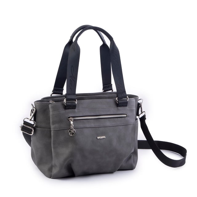 Nas Bag Kadın Çanta Omuz El ve Çapraz Çanta Çok Gözlü Gri Siyah King (en:37 cm ; boy:24 cm )