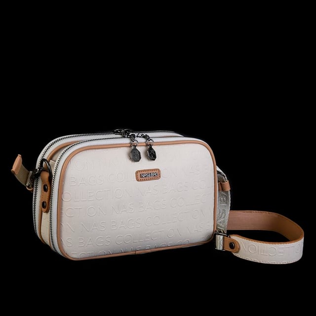 Nas Bag Kadın Çapraz Çanta Çift Gözlü Ayarlanabilir Askılı Krem Camel  Gofraj