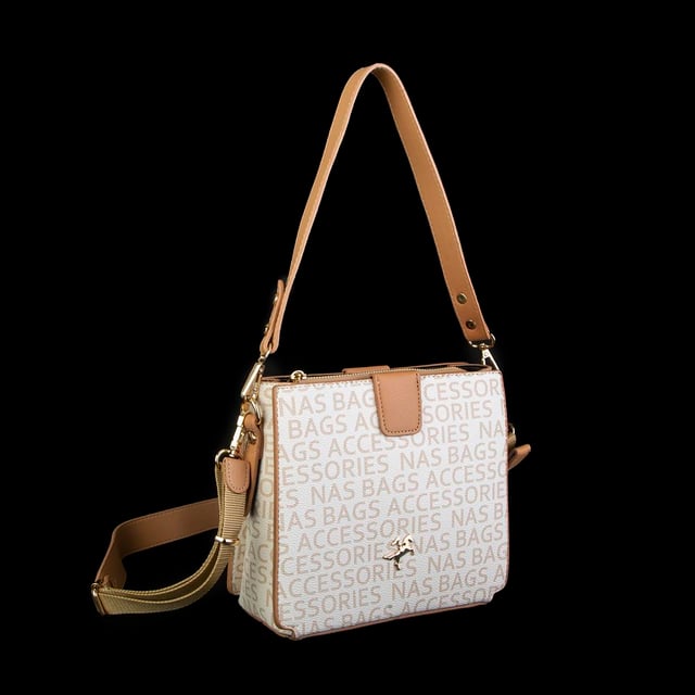 Nas Bag Kadın Çapraz Çanta Krem Camel Yazılı
