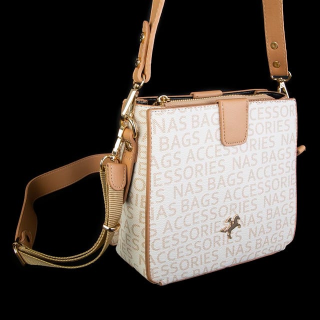 Nas Bag Kadın Çapraz Çanta Krem Camel Yazılı