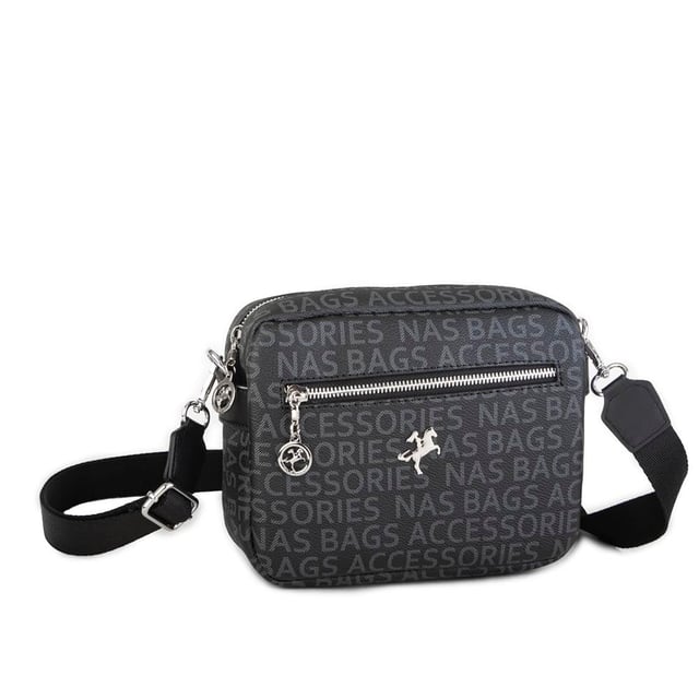 Nas Bag Kadın Çapraz Çanta Mini Cüzdanlı Ayarlanabilir Askılı Siyah Yazılı